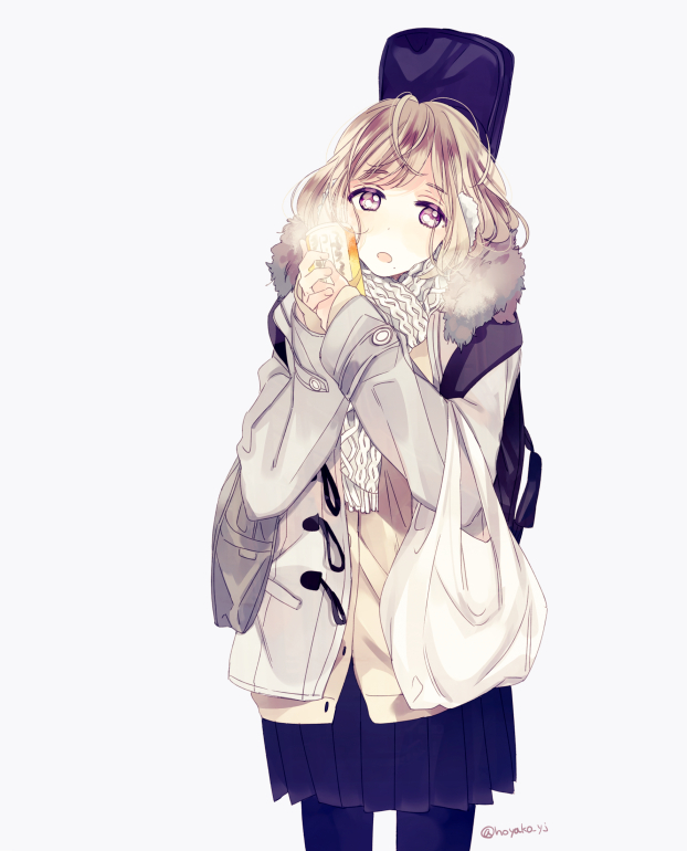 1girl :o bag black_legwear black_skirt can coat earmuffs fur_trim grey_background handbag hands_up holding holding_can hoyako_yj instrument_case light_brown_hair original pantyhose pleated_skirt scarf school_uniform short_hair simple_background skirt standing twitter_username violet_eyes white_scarf