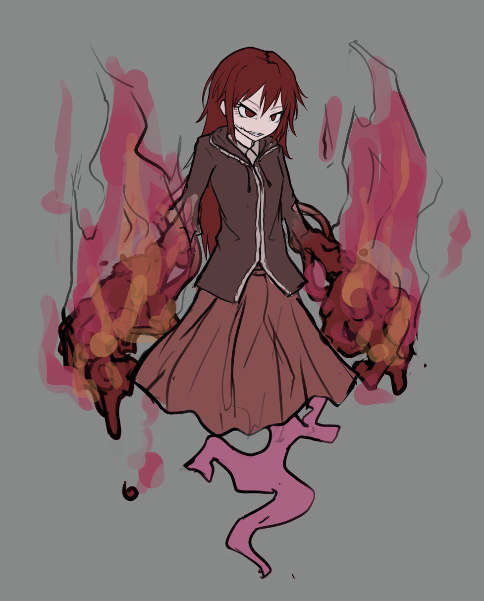 1girl brown_jacket fire grey_background highres jacket long_hair long_sleeves looking_at_viewer molten_rock original oversize_forearms parted_lips ray-k red_eyes red_skirt redhead simple_background skirt solo