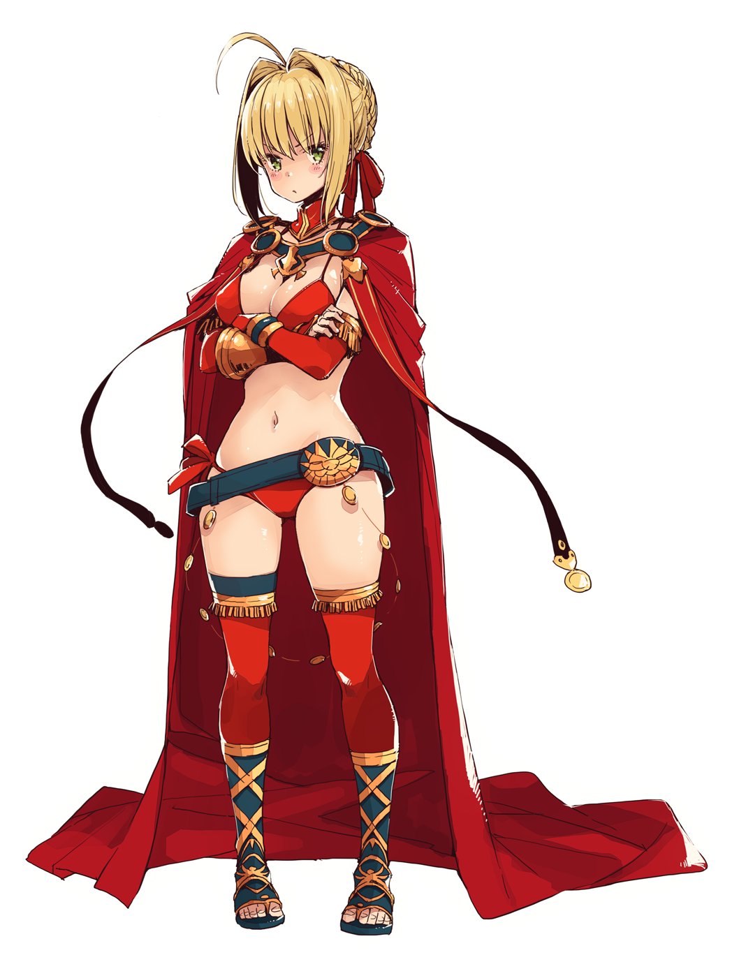 1girl battle_olympia belt bikini blonde_hair blush boots bow braid breasts cape collar crossed_arms elbow_gloves eyebrows_visible_through_hair fate/extra fate/grand_order fate_(series) gloves green_eyes hair_bow hair_ornament highres imigimuru large_breasts navel nero_claudius_(fate) nero_claudius_(fate)_(all) red_bikini saber_extra simple_background solo swimsuit thigh-highs underwear white_background