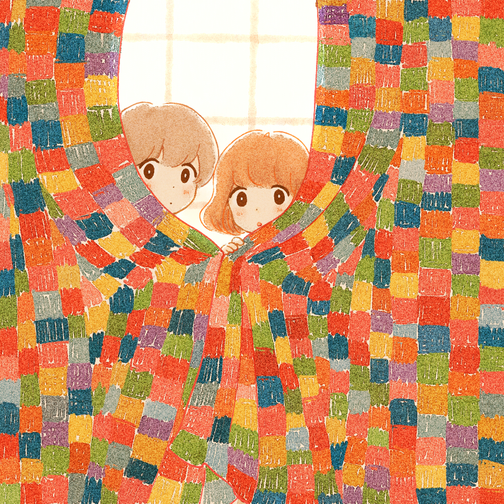 1boy 1girl :o backlighting bangs blunt_bangs blush brown_eyes brown_hair closed_mouth colorful curtain_grab curtains dot_nose expressionless hand_up indoors itunohika light_brown_hair looking_at_viewer open_mouth original short_hair tareme window