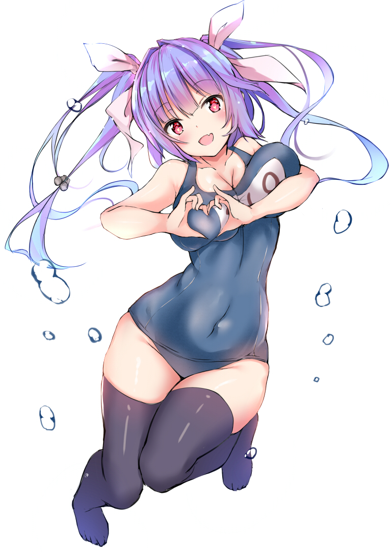 1girl :d bad_anatomy black_legwear blue_hair breasts collarbone eyebrows_visible_through_hair fang heart heart_hands i-19_(kantai_collection) kantai_collection large_breasts long_hair name_tag old_school_swimsuit one-piece_swimsuit open_mouth red_eyes school_swimsuit school_uniform simple_background smile solo swimsuit thigh-highs tri_tails white_background yukishiro_arute