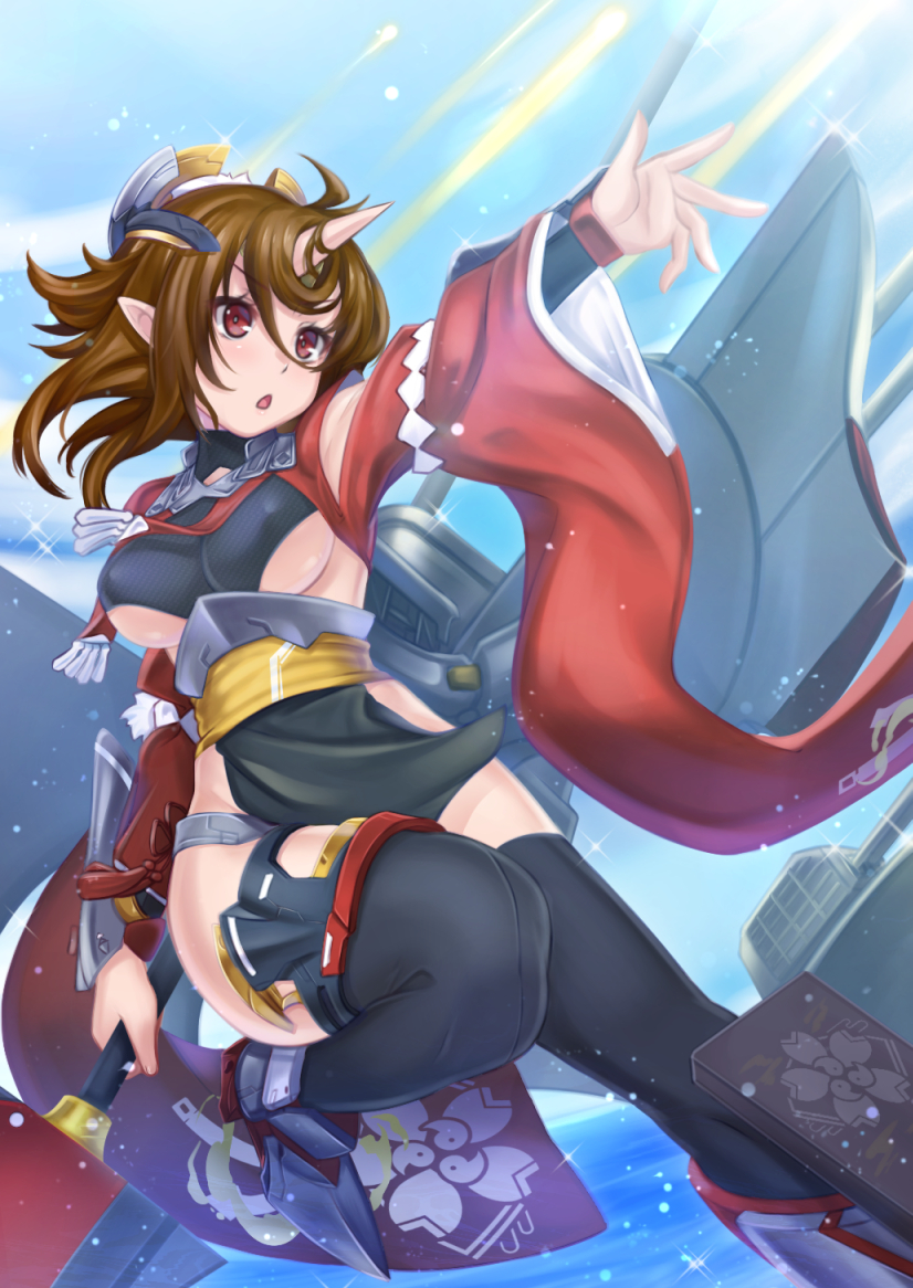 1girl azur_lane black_legwear boots breasts brown_hair droplet erect_nipples gauntlets hair_ornament horn japanese_clothes ken_ill medium_breasts mogami_(azur_lane) obi ocean open_mouth outstretched_hand pelvic_curtain pointy_ears polearm red_eyes sash short_hair sky solo sparkle thigh-highs triangle_mouth under_boob weapon wide_sleeves
