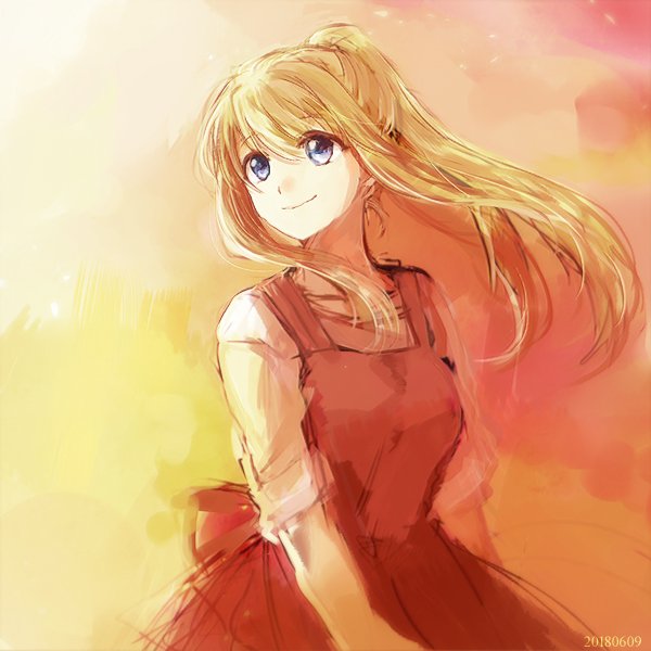 1girl 2018 arms_at_sides bangs blonde_hair blue_eyes commentary_request dated dress eyebrows_visible_through_hair floating_hair fullmetal_alchemist gradient gradient_background happy long_hair long_sleeves looking_away orange_background pink_background ponytail red_background simple_background smile solo_focus sunlight tsukuda0310 upper_body winry_rockbell yellow_background