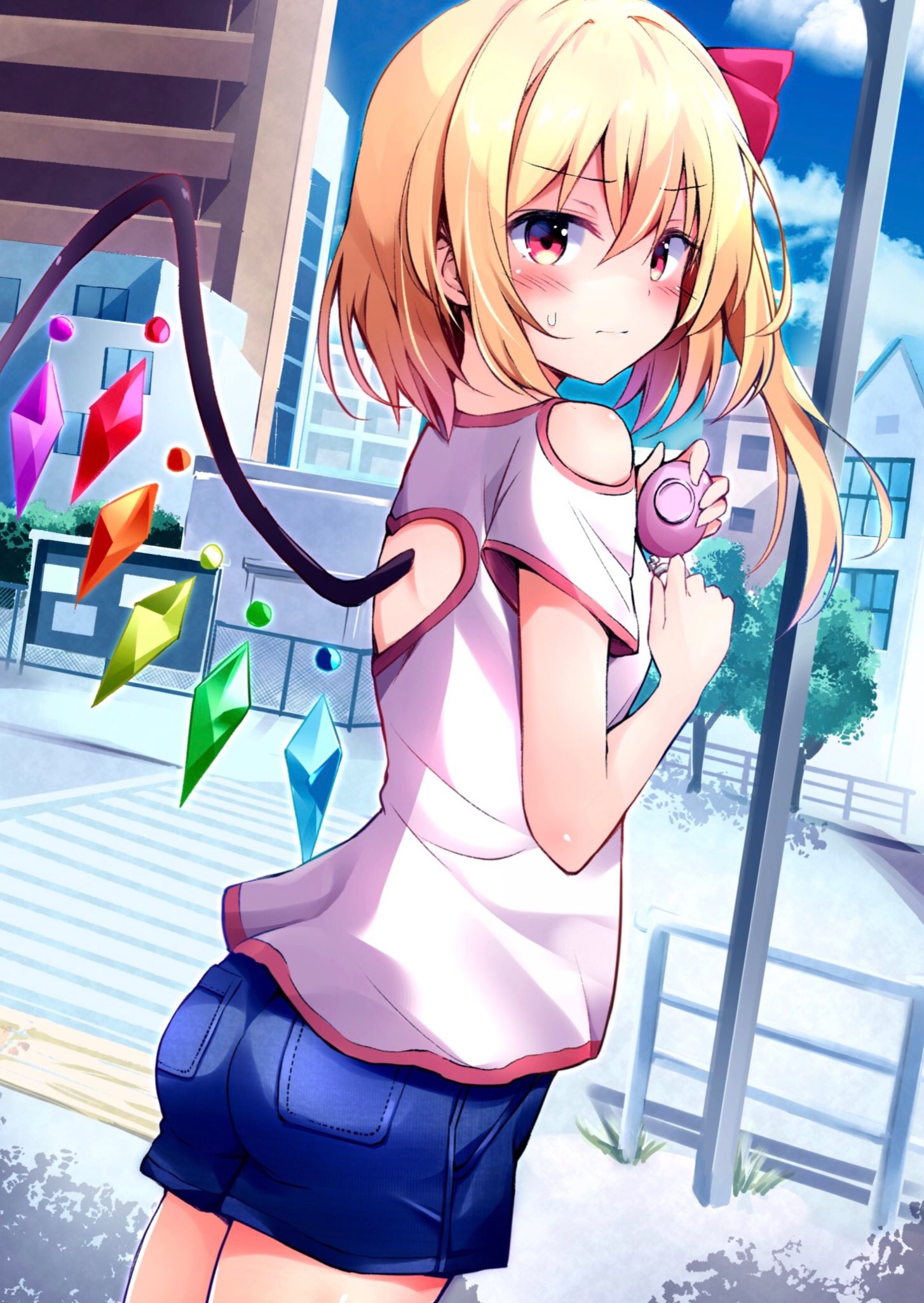 1girl alternate_costume ass bare_shoulders blonde_hair blue_sky blush breasts building casual city clouds commentary_request contemporary cowboy_shot crystal day denim denim_shorts dutch_angle eyebrows_visible_through_hair flandre_scarlet hair_between_eyes hair_ribbon hands_up highres holding hyurasan looking_at_viewer looking_back medium_breasts no_hat no_headwear one_side_up outdoors red_eyes red_ribbon ribbon shirt short_shorts short_sleeves shorts shoulder_cutout sky solo standing touhou tree white_shirt wings