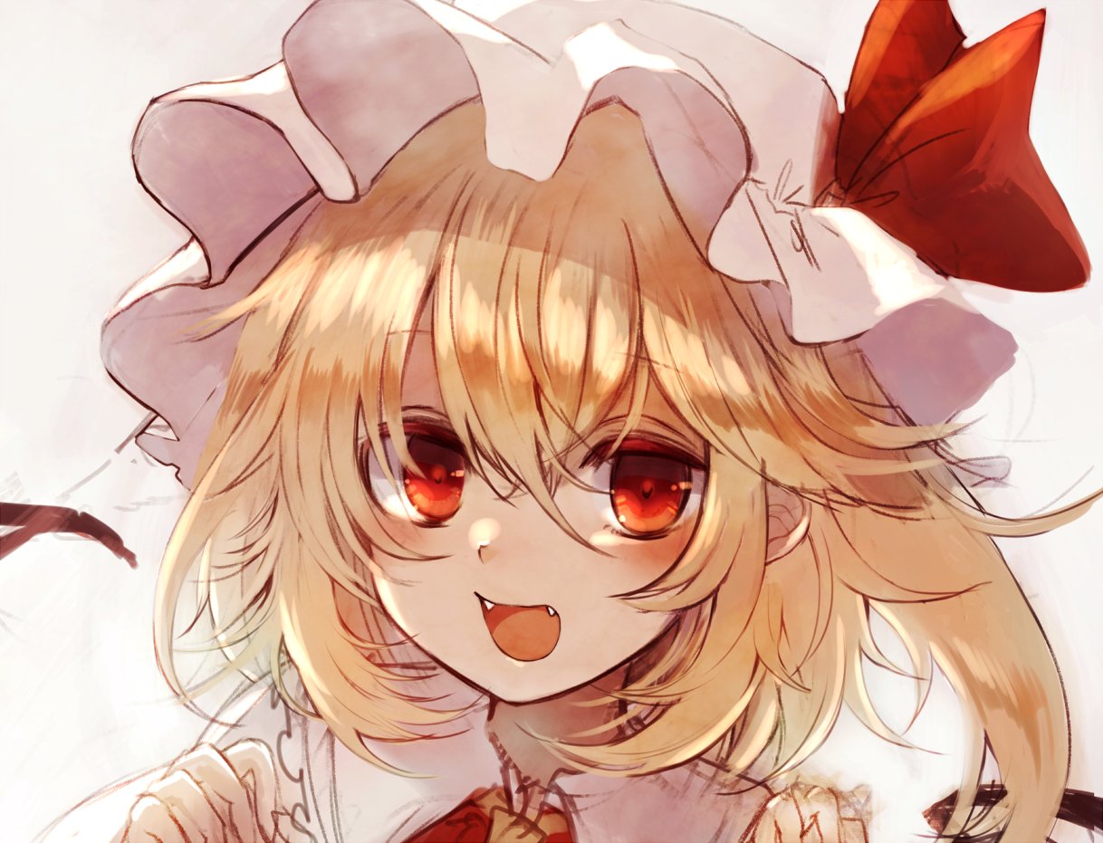 1girl :d ascot beige_background blonde_hair blush commentary_request eyebrows_visible_through_hair fangs flandre_scarlet frilled_shirt_collar frills hair_between_eyes hands_up hat hat_ribbon looking_at_viewer maho_moco mob_cap one_side_up open_mouth portrait red_eyes red_ribbon ribbon short_hair simple_background smile solo touhou white_hat wings yellow_neckwear