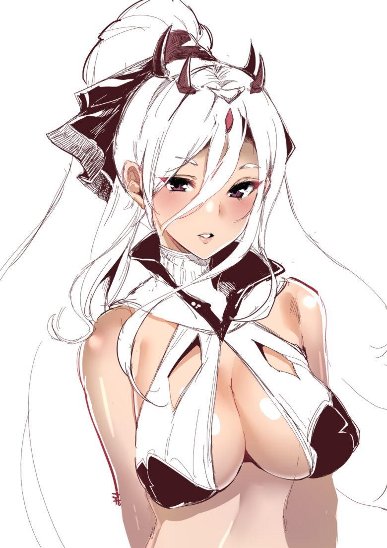 1girl bare_shoulders blush breasts character_request cleavage cofepig erect_nipples eyebrows_visible_through_hair horns large_breasts lips long_hair looking_at_viewer parted_lips partially_colored ponytail sennen_sensou_aigis sketch solo violet_eyes white_hair