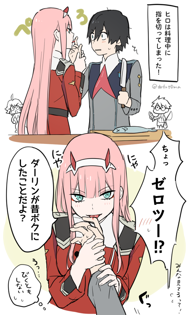 1boy 1girl bangs black_hair blood blush comic commentary_request couple cuts darling_in_the_franxx eyebrows_visible_through_hair finger_licking fish fringe gorou_(darling_in_the_franxx) green_eyes hair_ornament hairband hand_holding hetero hiro_(darling_in_the_franxx) holding holding_knife horns injury knife licking long_hair long_sleeves military military_uniform necktie oni_horns orange_neckwear pink_hair red_horns red_neckwear short_hair signature speech_bubble sweatdrop table thought_bubble toma_(norishio) tongue tongue_out translation_request uniform white_hairband zero_two_(darling_in_the_franxx) zorome_(darling_in_the_franxx)