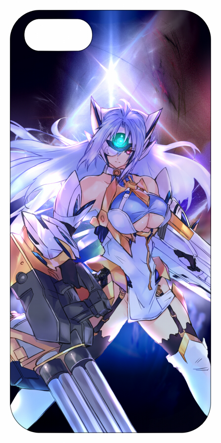 1girl animal_ears boots breasts case cellphone collage commentary_request covering_one_eye dual_wielding garter_straps gatling_gun gun iphone kos-mos kos-mos_ver._4 large_breasts long_hair negresco phone smartphone solo thigh-highs thigh_boots under_boob weapon xenosaga xenosaga_episode_iii