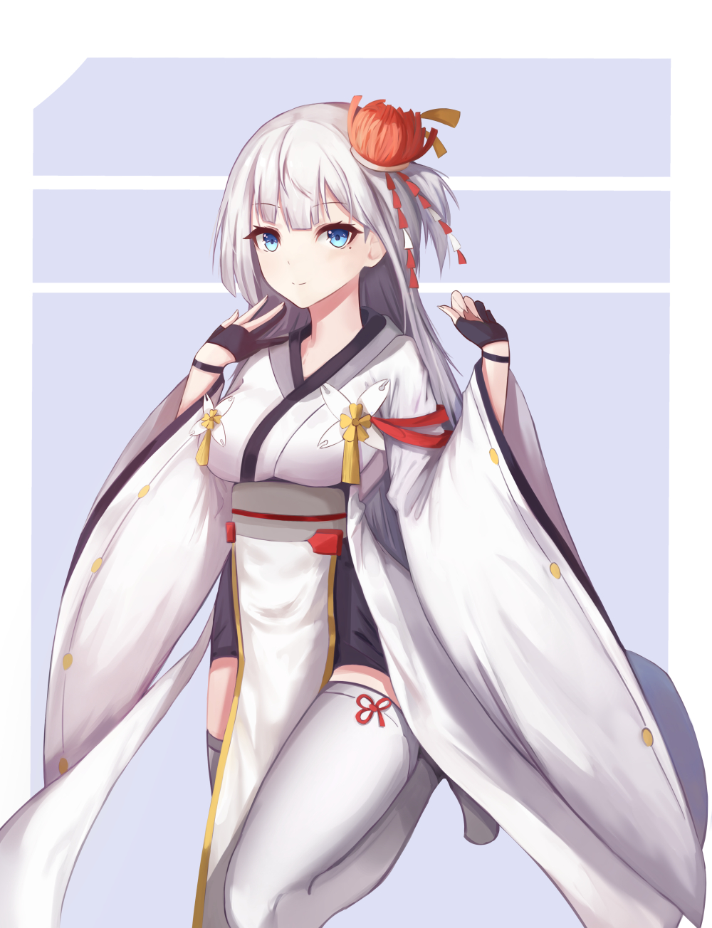 1girl azur_lane bangs black_gloves blacktheif blue_eyes blunt_bangs blush breasts closed_mouth collarbone eyebrows_visible_through_hair flower gloves hair_flower hair_ornament half_gloves hands_up highres japanese_clothes kimono large_breasts long_hair looking_at_viewer mole mole_under_eye one_leg_raised partly_fingerless_gloves shoukaku_(azur_lane) sidelocks silver_hair smile solo standing standing_on_one_leg tassel thigh-highs thighs white_legwear wide_sleeves