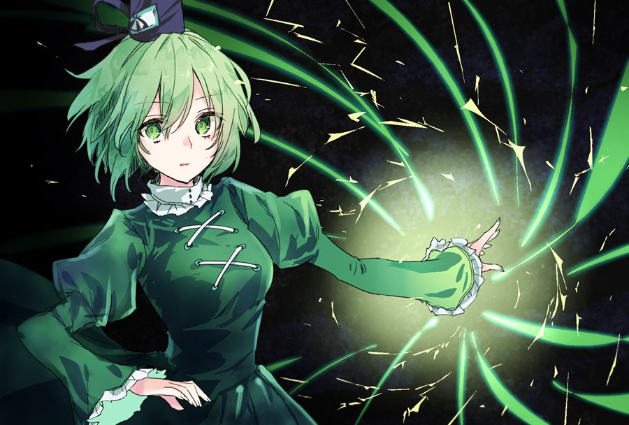 1girl akidzuki_haruhi black_background black_hat breasts commentary_request dress electricity energy eyebrows_visible_through_hair frilled_shirt_collar frills green_dress green_eyes green_hair hair_between_eyes hat juliet_sleeves long_sleeves looking_at_viewer medium_breasts ofuda parted_lips puffy_sleeves simple_background soga_no_tojiko solo tate_eboshi touhou upper_body wide_sleeves