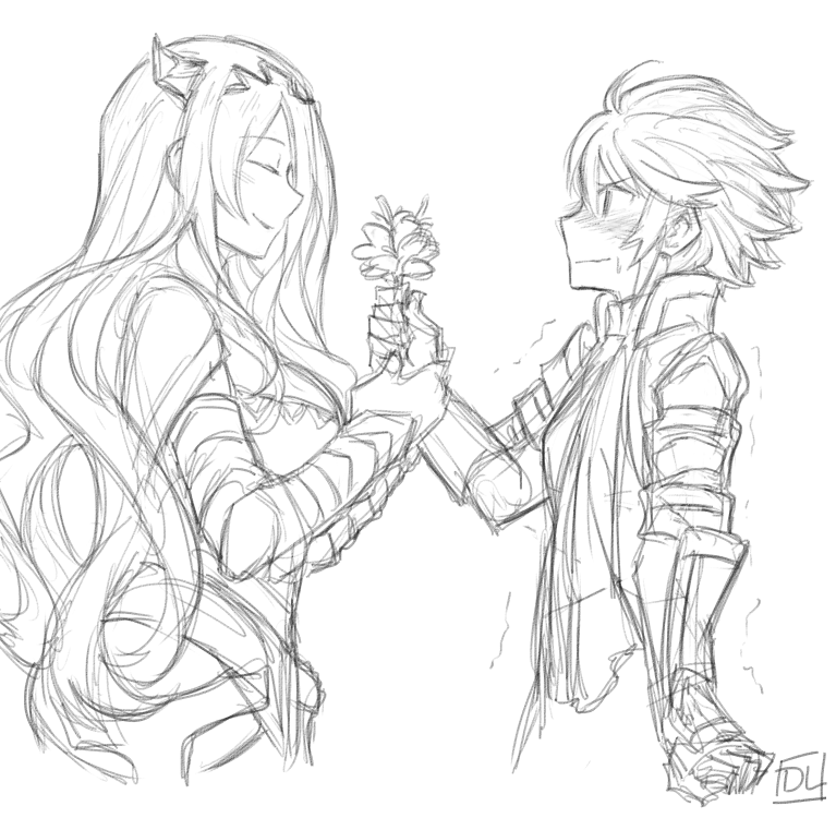 2girls blush camilla_(fire_emblem_if) dl fire_emblem fire_emblem_if flower greyscale hinoka_(fire_emblem_if) holding holding_flower long_hair looking_at_another monochrome multiple_girls short_hair sketch sweat trembling very_long_hair yuri