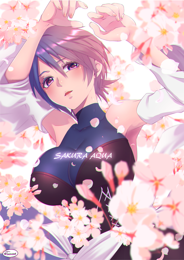 1girl aqua_(kingdom_hearts) bangs bare_shoulders blue_eyes blue_hair blush breasts character_name cherry_blossoms chromatic_aberration collarbone detached_sleeves fingernails flower hair_between_eyes kingdom_hearts kingdom_hearts_birth_by_sleep large_breasts long_sleeves open_mouth pink_flower short_hair solo tamaki_(tmk-poison) turtleneck wide_sleeves