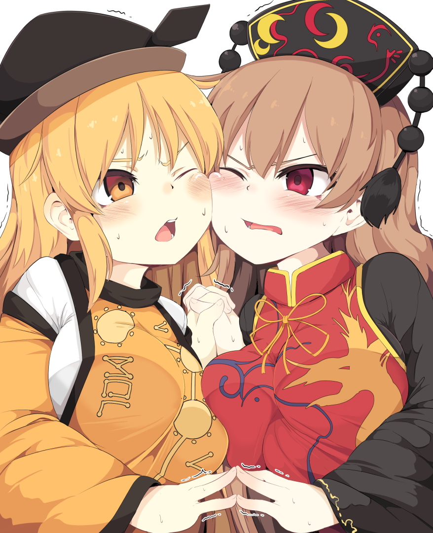 2girls black_dress black_hat blonde_hair blush breast_press breasts brown_hair cheek-to-cheek commentary_request crescent dress eye_contact hair_between_eyes hand_holding hat headdress holding interlocked_fingers junko_(touhou) large_breasts lolimate long_hair long_sleeves looking_at_another matara_okina multiple_girls one_eye_closed open_mouth orange_eyes red_eyes sidelocks simple_background sweat tabard tassel touhou trembling upper_body white_background wide_sleeves