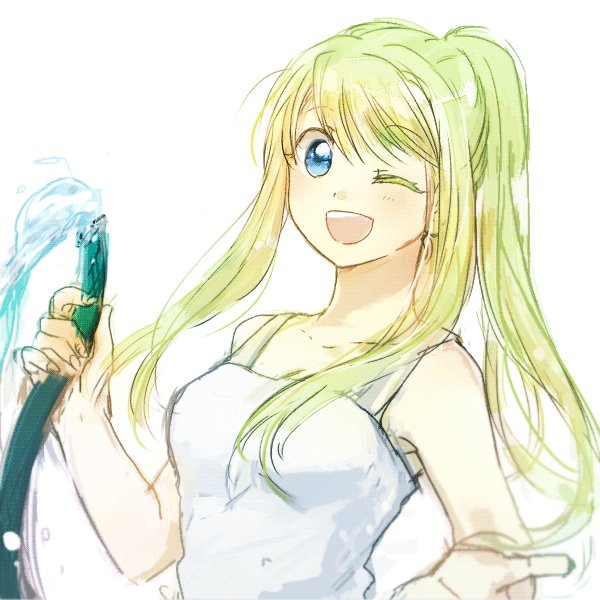 1girl ;d bangs blonde_hair blue_eyes eyebrows_visible_through_hair fingernails floating_hair fullmetal_alchemist happy holding hose long_hair looking_at_viewer one_eye_closed open_mouth ponytail shirt simple_background sleeveless sleeveless_shirt smile solo_focus tsukuda0310 upper_body water white_background white_shirt winry_rockbell