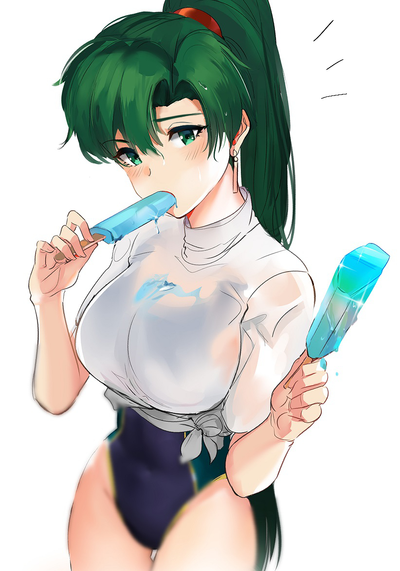 1girl bangs blue_swimsuit blush breasts covered_navel earrings eating fire_emblem fire_emblem:_rekka_no_ken food green_eyes green_hair high_ponytail hips jewelry large_breasts long_hair looking_at_viewer lyndis_(fire_emblem) one-piece_swimsuit ormille ponytail popsicle scrunchie shirt simple_background solo swimsuit swimsuit_under_clothes tied_shirt white_background white_shirt