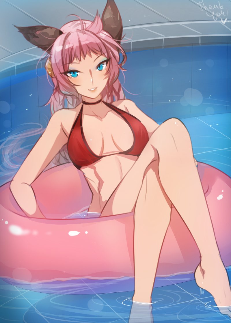 1girl ahoge animal_ears bare_shoulders barefoot bikini blue_eyes breasts breasts_apart choker collarbone esser eyeshadow granblue_fantasy innertube legs_crossed long_hair looking_at_viewer makeup medium_breasts parted_lips pink_hair sitting smile solo swimsuit tusia water