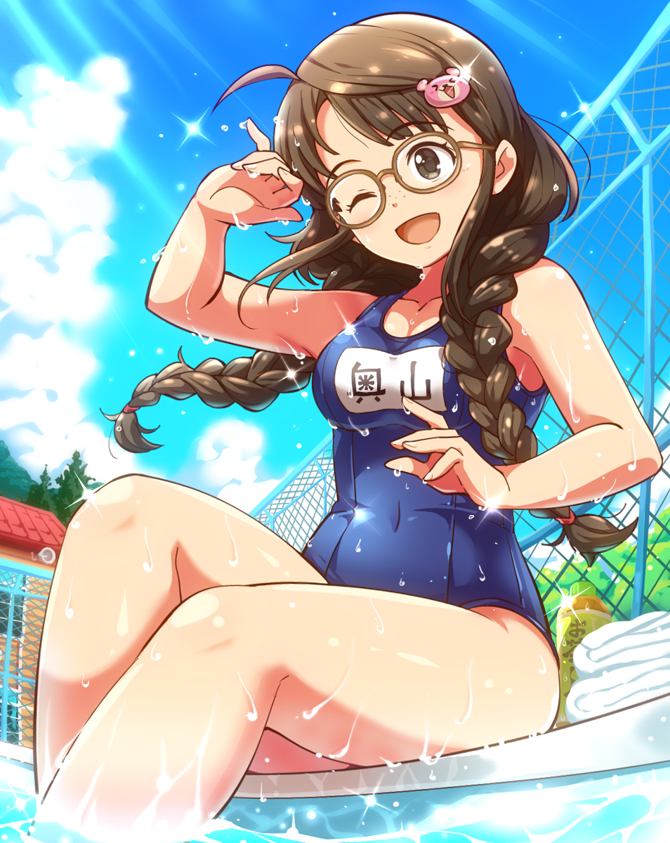 1girl aopanda bear_hair_ornament blue_sky blue_swimsuit braid brown_eyes brown_hair chain-link_fence clouds eyebrows fence fisheye freckles glasses hair_ornament highres idolmaster idolmaster_cinderella_girls long_hair okuyama_saori one_eye_closed poolside school_swimsuit sitting sky solo swimsuit water