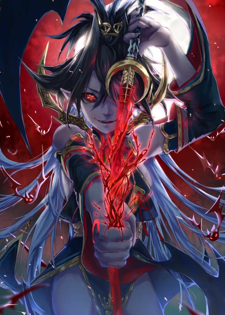 1girl bat black_hair black_sclera blood blue_hair bodysuit coffinkun fangs force_of_will highres long_hair moon multicolored_hair open_mouth pointy_ears red_eyes reiya_(force_of_will) solo sword two-tone_hair vampire weapon