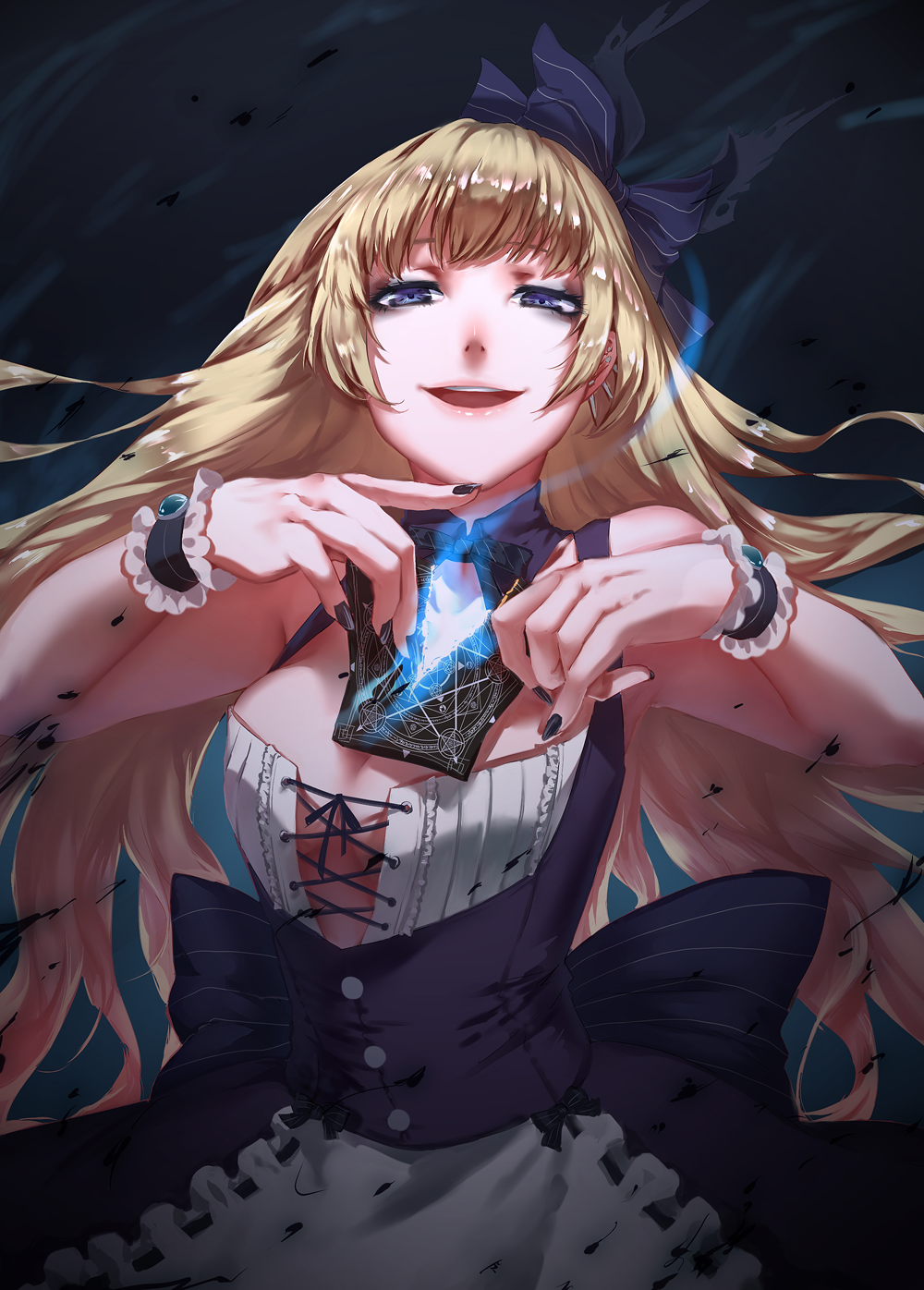 1girl apron blonde_hair bow bowtie bracelet breasts card center_opening cleavage coffinkun dark_alice_(force_of_will) earrings force_of_will highres jewelry long_hair nail_polish open_mouth solo teeth violet_eyes