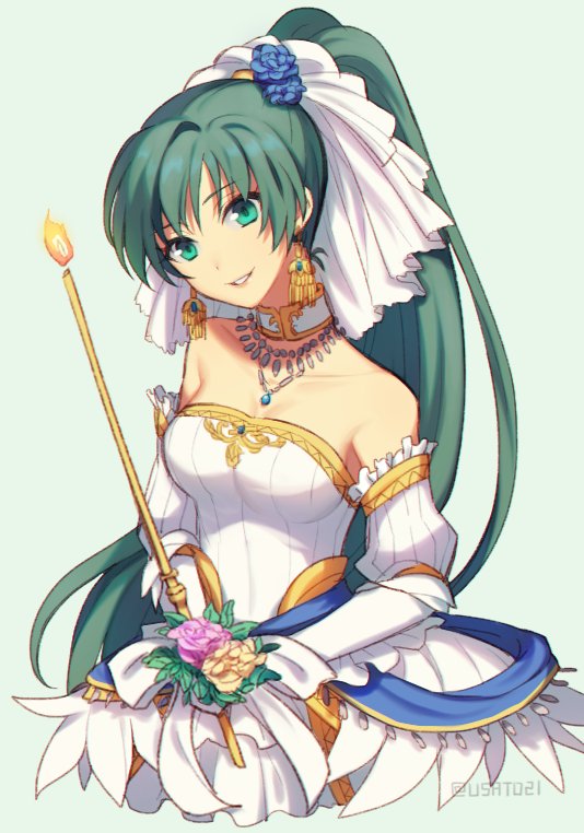 1girl bare_shoulders bouquet bride dress fire_emblem fire_emblem:_rekka_no_ken fire_emblem_heroes flower gloves green_eyes green_hair hair_flower hair_ornament high_ponytail long_hair looking_at_viewer lyndis_(fire_emblem) ponytail simple_background smile solo strapless strapless_dress wedding wedding_dress white_gloves wusagi2