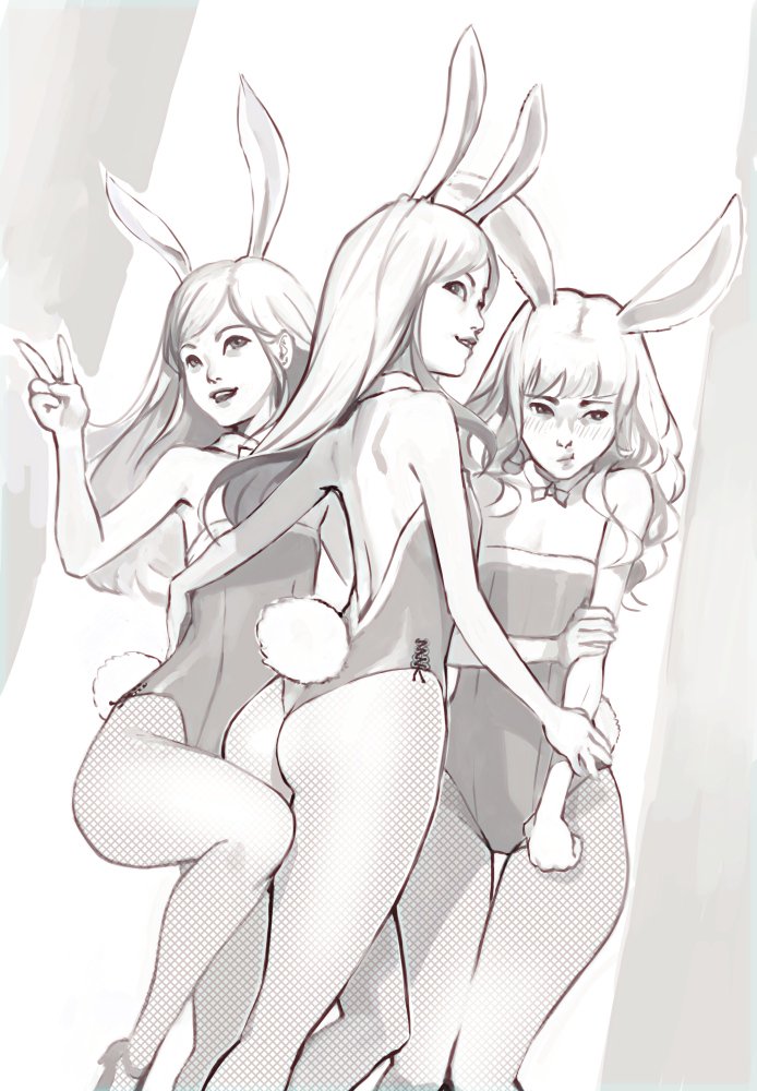 3girls animal_ears arm_up ass bare_back bare_shoulders bunny_girl bunny_tail bunnysuit commentary detached_collar elin_(tera) fishnet_pantyhose fishnets high_heels leg_lift leotard long_hair looking_back monochrome multiple_girls ochrejelly pantyhose pout rabbit_ears shoes sketch smile standing standing_on_one_leg strapless strapless_leotard tail tera_online v