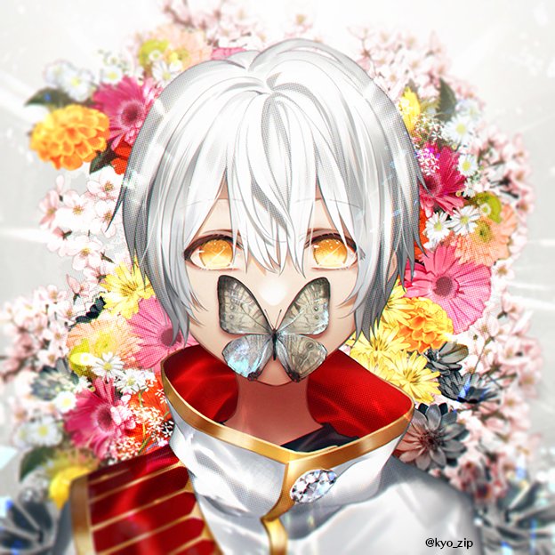 1boy bug butterfly commentary_request flower hair_between_eyes insect kyou_zip looking_at_viewer male_focus orange_eyes original pink_flower solo twitter_username upper_body white_hair yellow_flower