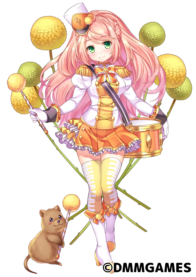1girl boots braid character_request closed_mouth conductor drum epaulettes flower_knight_girl frills full_body gloves green_eyes hat holding holding_wand instrument knee_boots long_hair looking_at_viewer official_art orange_skirt pink_hair pleated_skirt print_legwear shako_cap shouni_(sato3) simple_background skirt smile solo standing thigh-highs treble_clef uniform wand white_background white_footwear white_gloves yellow_legwear