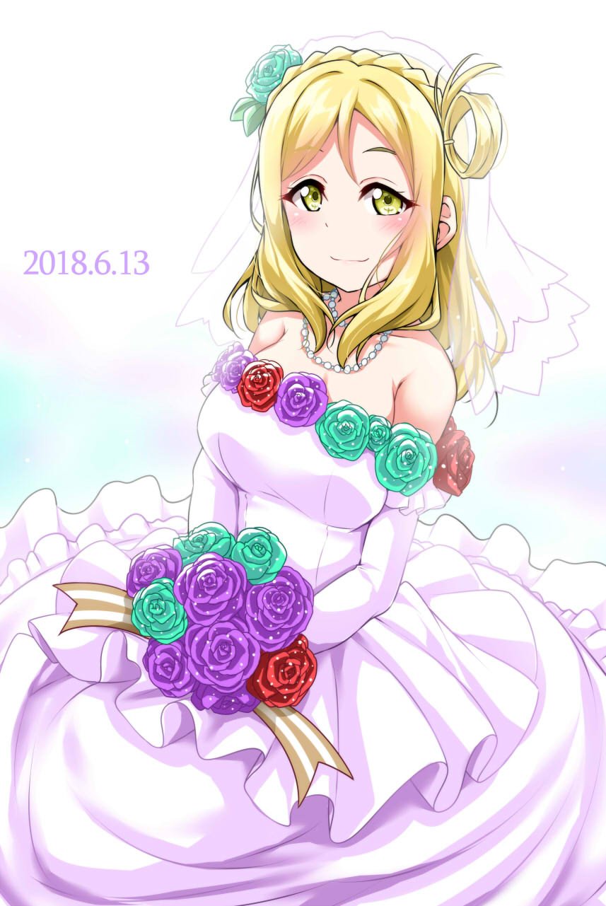 1girl aqua_rose bare_shoulders blonde_hair blush bouquet braid bridal_veil commentary_request crown_braid dated detached_sleeves dress flower hair_flower hair_ornament hair_rings highres holding holding_bouquet jewelry long_sleeves looking_at_viewer love_live! love_live!_sunshine!! medium_hair necklace ohara_mari purple_flower purple_rose red_flower red_rose rose smile solo strapless strapless_dress veil wedding_dress white_background yellow_eyes yopparai_oni