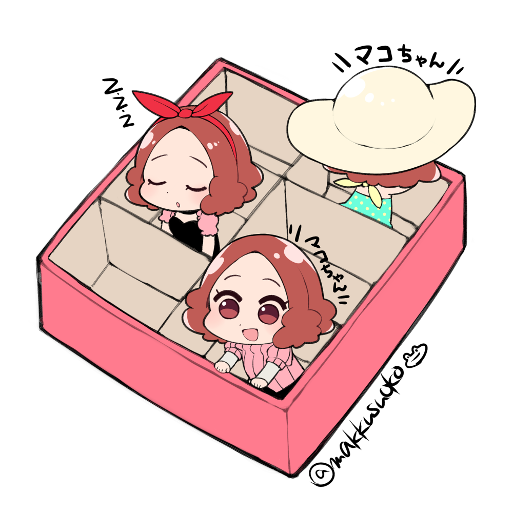 3girls :d blush brown_eyes brown_hair chibi closed_eyes commentary_request do_m_kaeru multiple_girls multiple_persona obentou okumura_haru open_mouth persona persona_5 pink_sweater ribbed_sweater short_hair sleeping smile sweater translated twitter_username