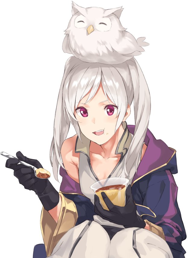 1girl bird blush cape dark_persona eating feh_(fire_emblem_heroes) female_my_unit_(fire_emblem:_kakusei) fire_emblem fire_emblem:_kakusei fire_emblem_heroes food gimurei gloves hood ichikei long_hair looking_at_viewer my_unit_(fire_emblem:_kakusei) open_mouth pudding red_eyes robe simple_background smile solo twintails white_hair