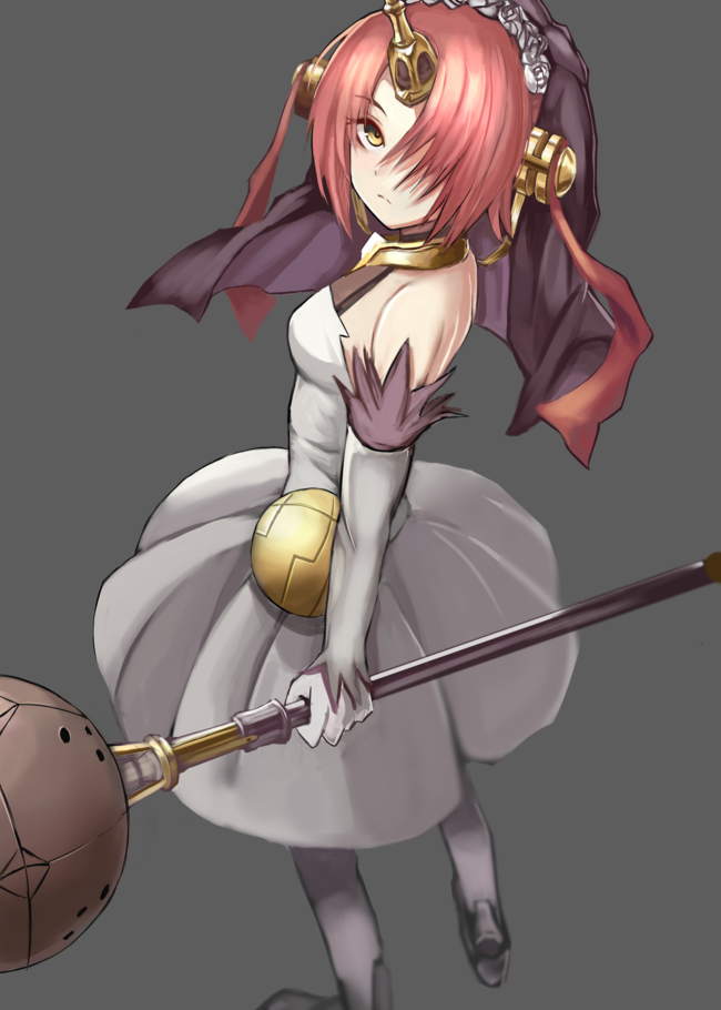 1girl akira_(aristole) detached_sleeves dress eyebrows_visible_through_hair fate/apocrypha fate_(series) frankenstein's_monster_(fate) gloves grey_background hair_over_one_eye holding holding_weapon horn looking_at_viewer looking_back pleated_dress redhead short_dress short_hair simple_background sleeveless sleeveless_dress solo standing weapon white_dress white_gloves white_legwear yellow_eyes