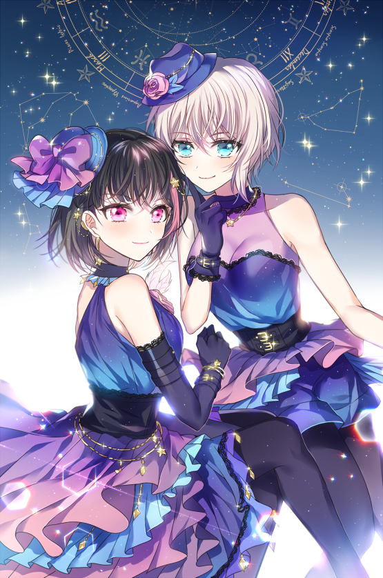 2girls aoba_moka aqua_eyes bang_dream! bangs black_choker black_gloves black_hair black_legwear blue_dress blue_hat bow bracelet breasts choker cleavage constellation dress elbow_gloves finger_to_cheek flower gloves grey_hair hair_ornament hat hat_bow hat_flower jewelry looking_at_viewer mitake_ran multicolored multicolored_clothes multicolored_dress multicolored_hair multiple_girls necklace nennen pantyhose purple_bow purple_dress red_eyes redhead sash short_hair sleeveless sleeveless_dress smile star star_hair_ornament streaked_hair zodiac