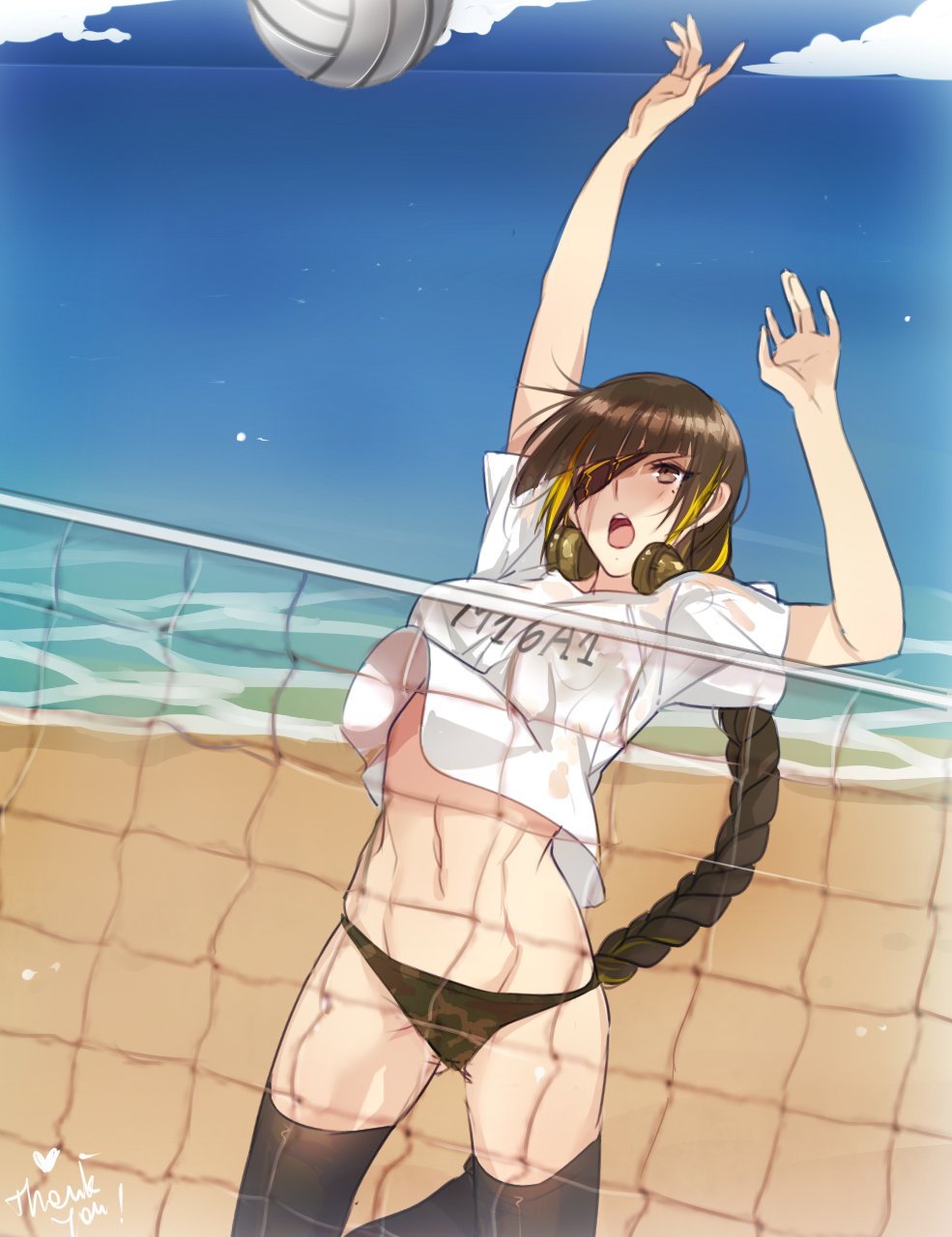 1girl beach black_bikini_bottom black_hair blonde_hair brown_eyes clouds eyepatch girls_frontline groin headphones headphones_around_neck highres long_braid m16a1_(girls_frontline) multicolored_hair navel open_mouth sand shirt solo thigh-highs tusia two-tone_hair volleyball volleyball_net water