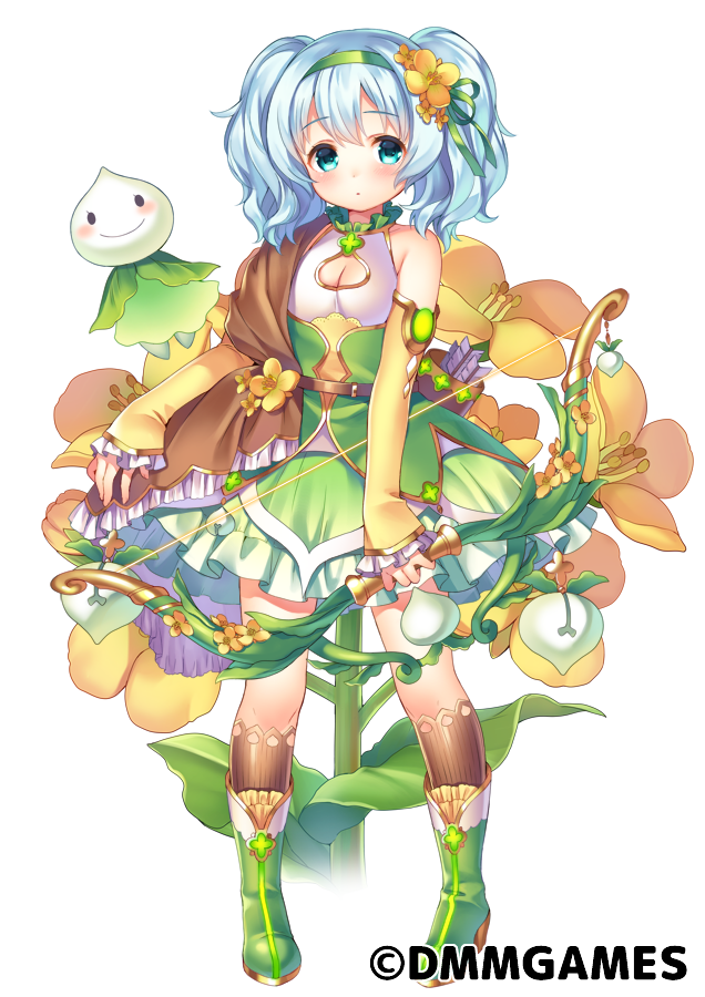 1girl aqua_eyes arm_warmers blue_hair blush boots bow_(weapon) breasts brown_legwear cleavage cleavage_cutout dress expressionless flower flower_knight_girl frills full_body green_dress green_footwear green_hairband hair_flower hair_ornament holding holding_bow_(weapon) holding_weapon knee_boots kneehighs looking_at_viewer object_namesake official_art short_hair shouni_(sato3) simple_background small_breasts solo standing suzuna_(flower_knight_girl) twintails weapon white_background