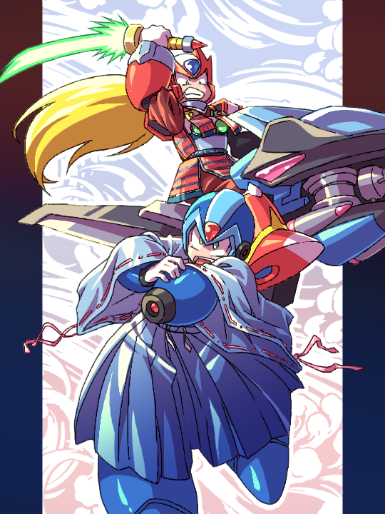 2boys adapted_costume android armor blonde_hair border capcom clenched_teeth commentary_request energy_blade energy_sword hakama helmet holding holding_weapon japanese_armor japanese_clothes lightsaber long_hair male_focus minokurage multiple_boys open_mouth rockman rockman_x sword teeth weapon x_(rockman) zero_(rockman)