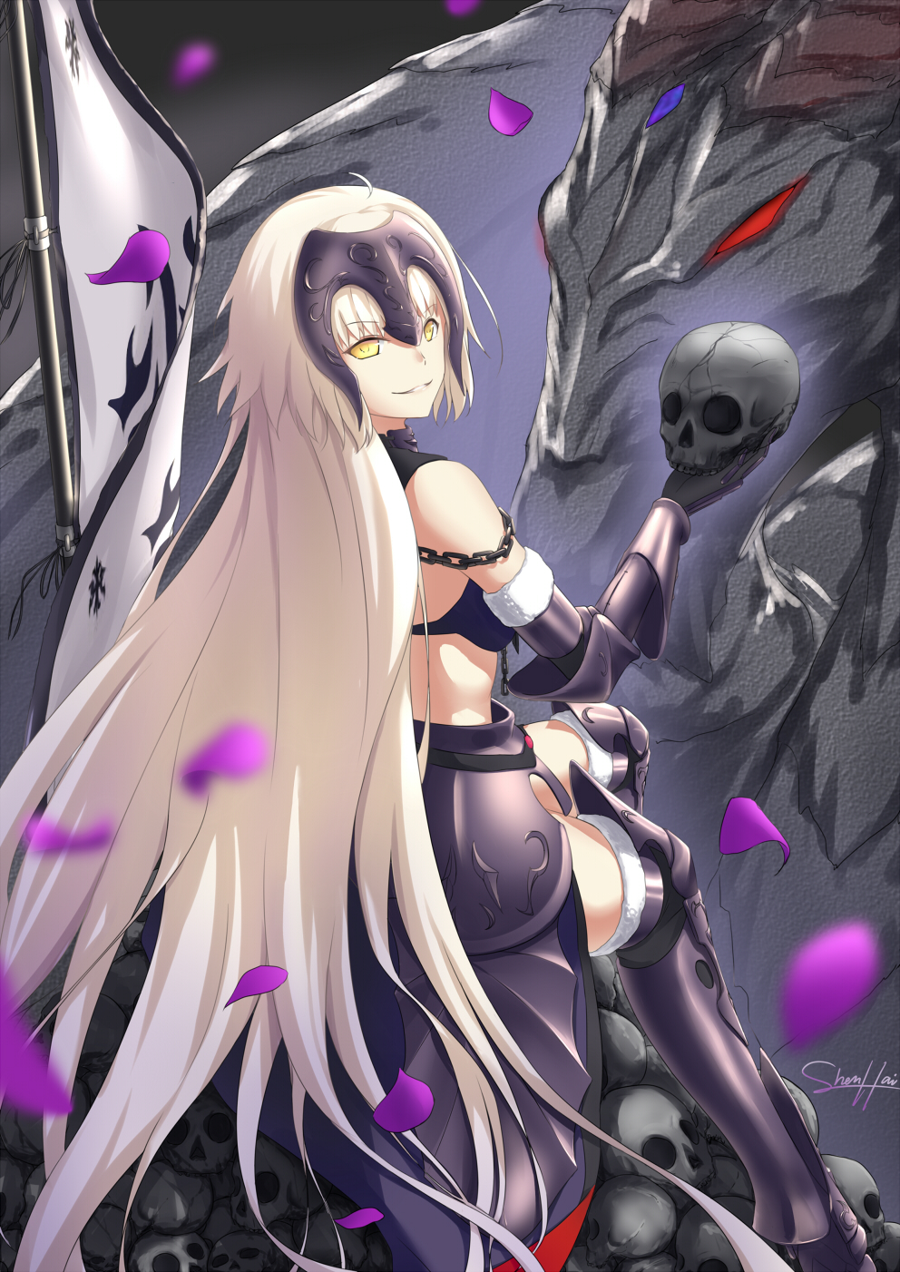 1girl amor armored_boots black_bra black_gloves boots bra elbow_gloves eyebrows_visible_through_hair fate/grand_order fate_(series) floating_hair from_behind fur_trim gloves grin highres holding_skull jeanne_d'arc_(alter)_(fate) jeanne_d'arc_(fate)_(all) long_hair looking_at_viewer looking_back night outdoors parted_lips petals shenhai_(2556146833) signature silver_hair sitting smile solo thigh-highs thigh_boots underwear very_long_hair yellow_eyes