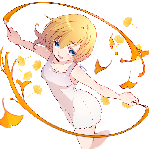 1girl :d bangs bare_arms bare_shoulders blonde_hair blue_eyes collarbone colored_eyelashes dress eyebrows_visible_through_hair hair_between_eyes holding holding_paintbrush kingdom_hearts kingdom_hearts_ii leaf looking_at_viewer lowres namine open_mouth outstretched_arms paintbrush short_hair simple_background smile solo tamaki_(tmk-poison) white_background white_dress