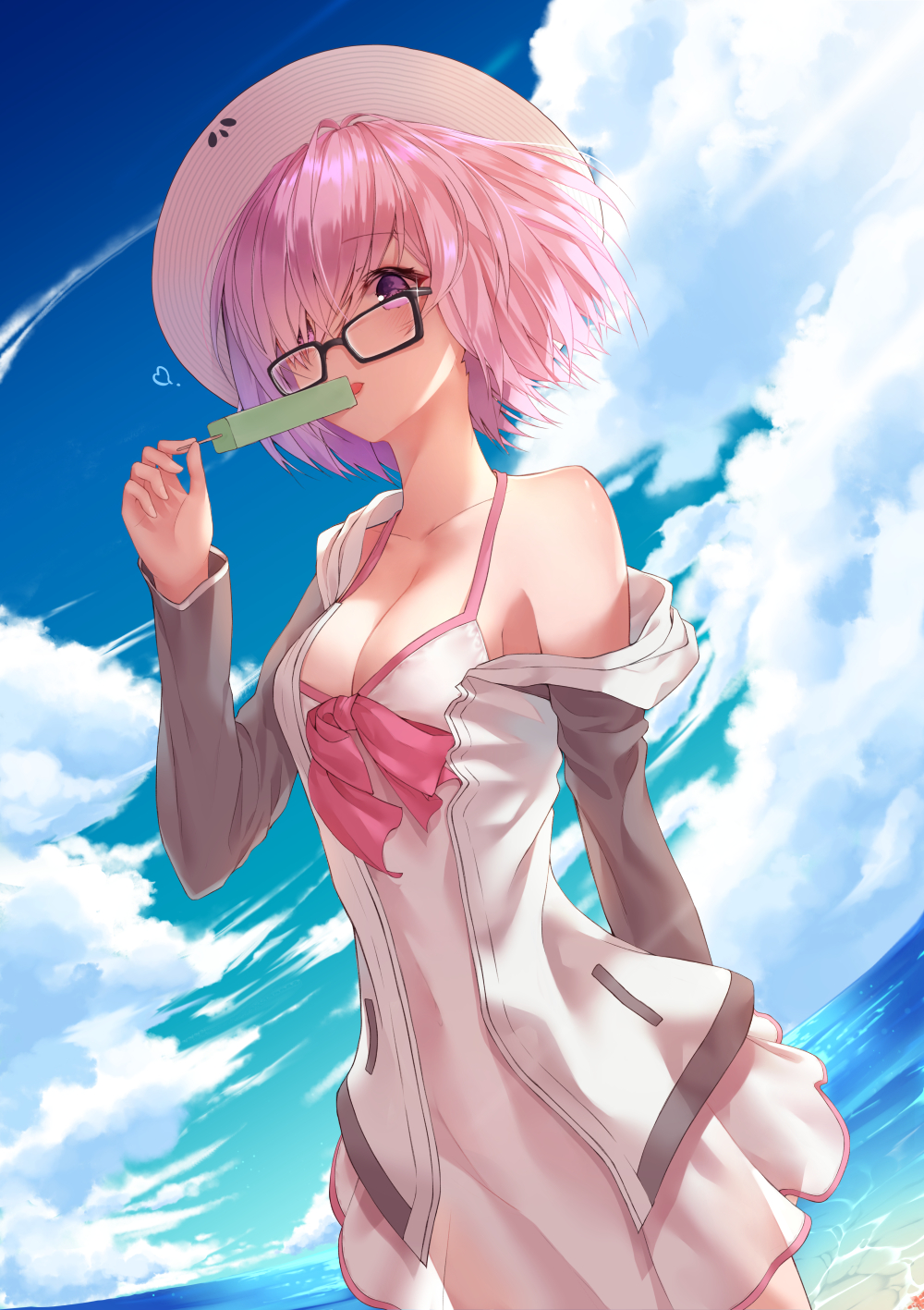 1girl beach blush breasts cleavage clouds collarbone day eyebrows_visible_through_hair fate/grand_order fate_(series) food glasses hair_over_one_eye highres hood hoodie large_breasts long_sleeves looking_at_viewer mash_kyrielight momingie outdoors pink_hair popsicle short_hair sky solo swimsuit tongue tongue_out violet_eyes water