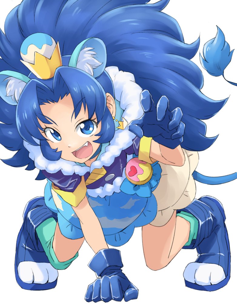 1girl animal_ears arm_support big_hair blue_eyes blue_footwear blue_gloves blue_hair boots commentary crown cure_gelato earrings extra_ears eyebrows_visible_through_hair fang food full_body gloves green_legwear ice_cream iguchi_(strawmat) jewelry kirakira_precure_a_la_mode lion_ears lion_tail long_hair looking_at_viewer magical_girl open_mouth precure short_sleeves simple_background skirt smile solo tail tategami_aoi v-shaped_eyebrows white_background