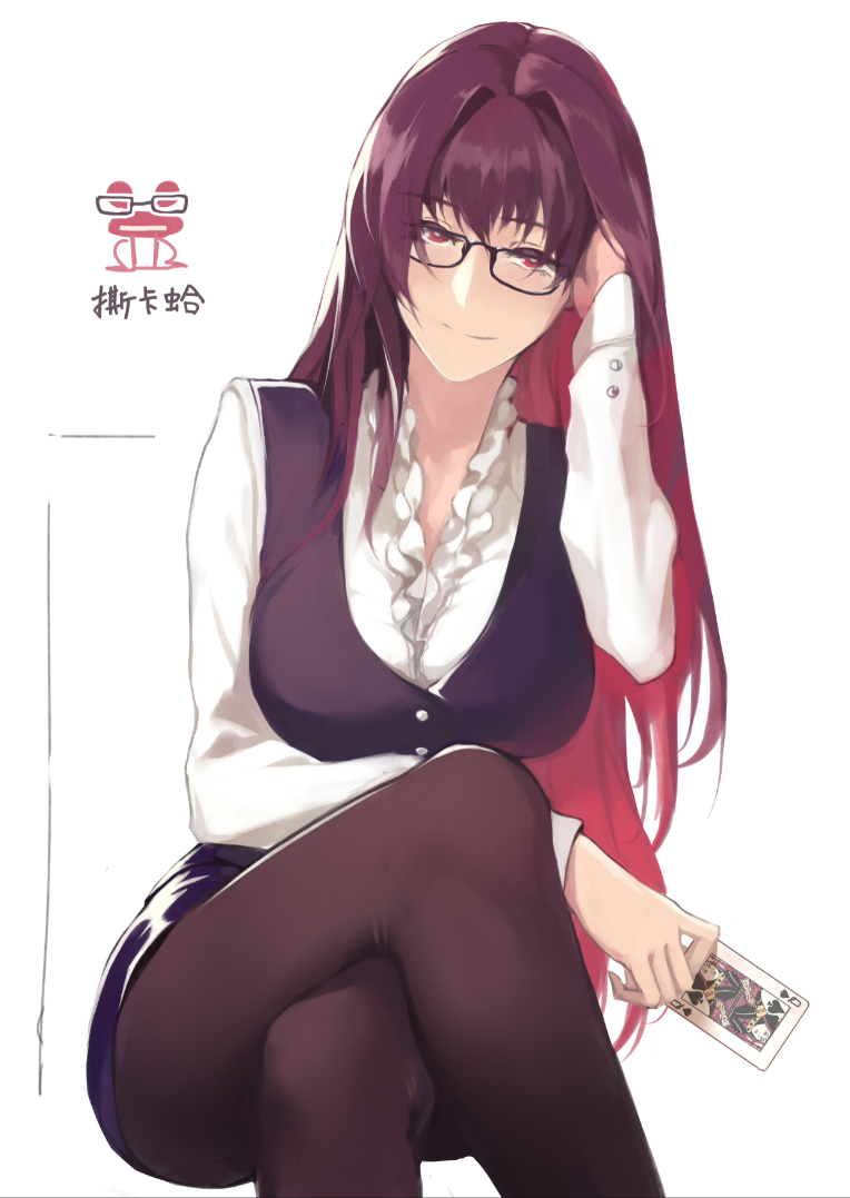 1girl bespectacled black_skirt breasts buttons card fate/extella_link fate/grand_order fate_(series) glasses legs_crossed long_hair long_sleeves miniskirt office_lady original pantyhose playing_card purple_hair queen_of_spades red_eyes reroi scathach_(fate/grand_order) skirt smile vest white_background