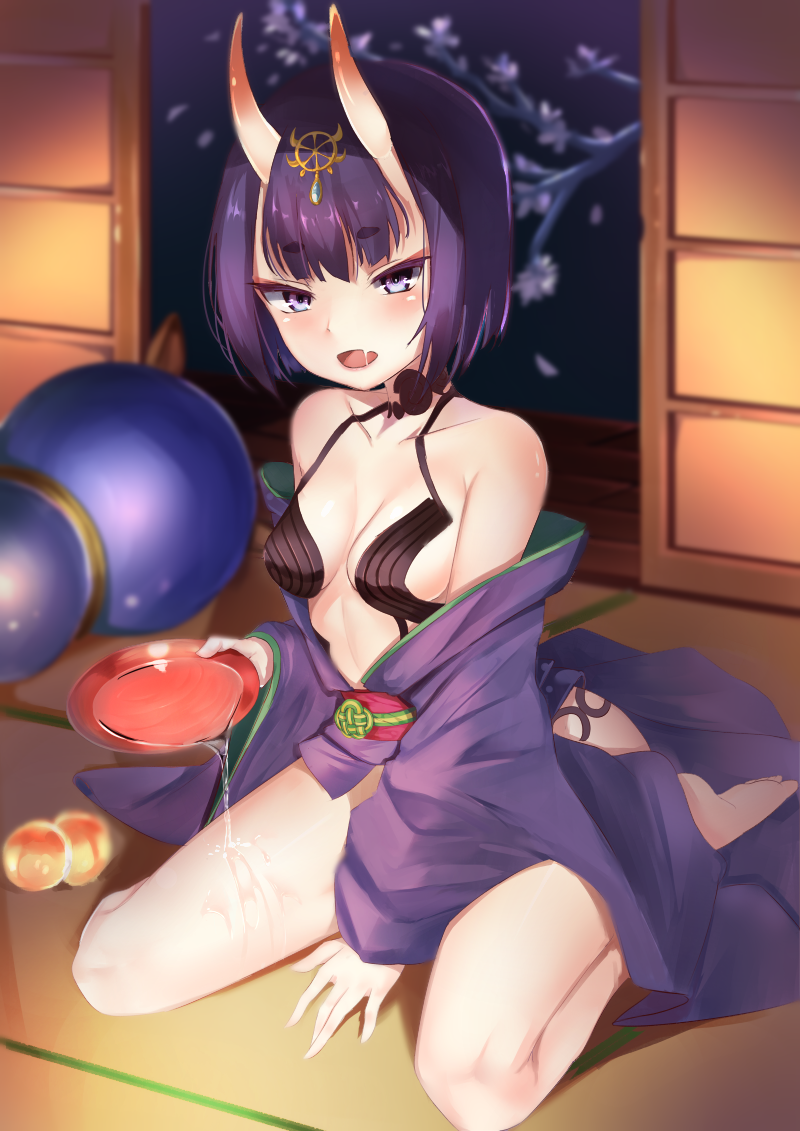 1girl bangs barefoot between_legs blunt_bangs breasts cleavage cup eyebrows_visible_through_hair fate/grand_order fate_(series) hair_between_eyes hand_between_legs holding horns ilxodidli indoors japanese_clothes kimono kneeling looking_at_viewer open_clothes open_kimono open_mouth purple_hair purple_kimono sakazuki saliva saliva_trail short_hair shuten_douji_(fate/grand_order) sideboob small_breasts solo violet_eyes
