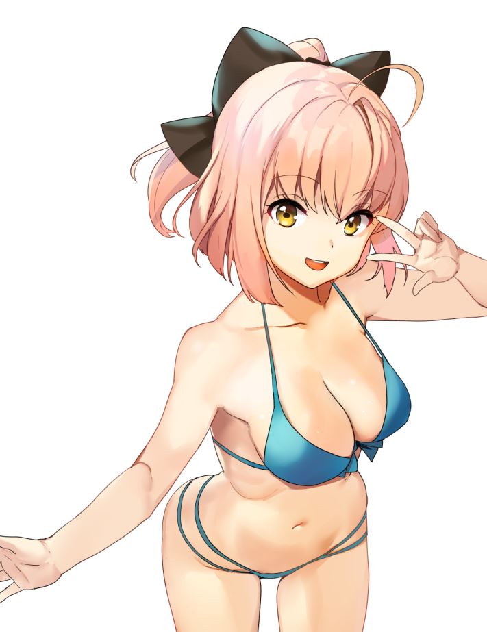 1girl ahoge bikini black_bow blue_bikini bow breasts cleavage fate/grand_order fate_(series) hair_bow half_updo koha-ace looking_at_viewer medium_breasts navel okita_souji_(fate) outstretched_arm pink_hair shovelwell simple_background smile solo swimsuit v_over_eye white_background yellow_eyes