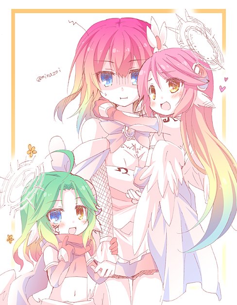3girls ahoge angel_wings azriel_(no_game_no_life) bare_shoulders blue_eyes blush bow bowtie breasts cleavage crop_top cross detached_collar dress facial_tattoo feathered_wings flower gloves gradient_hair green_hair hair_flower hair_ornament halo heart heterochromia jibril_(no_game_no_life) large_breasts long_hair low_wings magic_circle midriff minazoi_kuina multicolored_hair multiple_girls navel no_game_no_life open_mouth pink_hair redhead scarf smile stephanie_dora symbol-shaped_pupils tattoo twitter_username very_long_hair white_wings wing_ears wings yellow_eyes younger