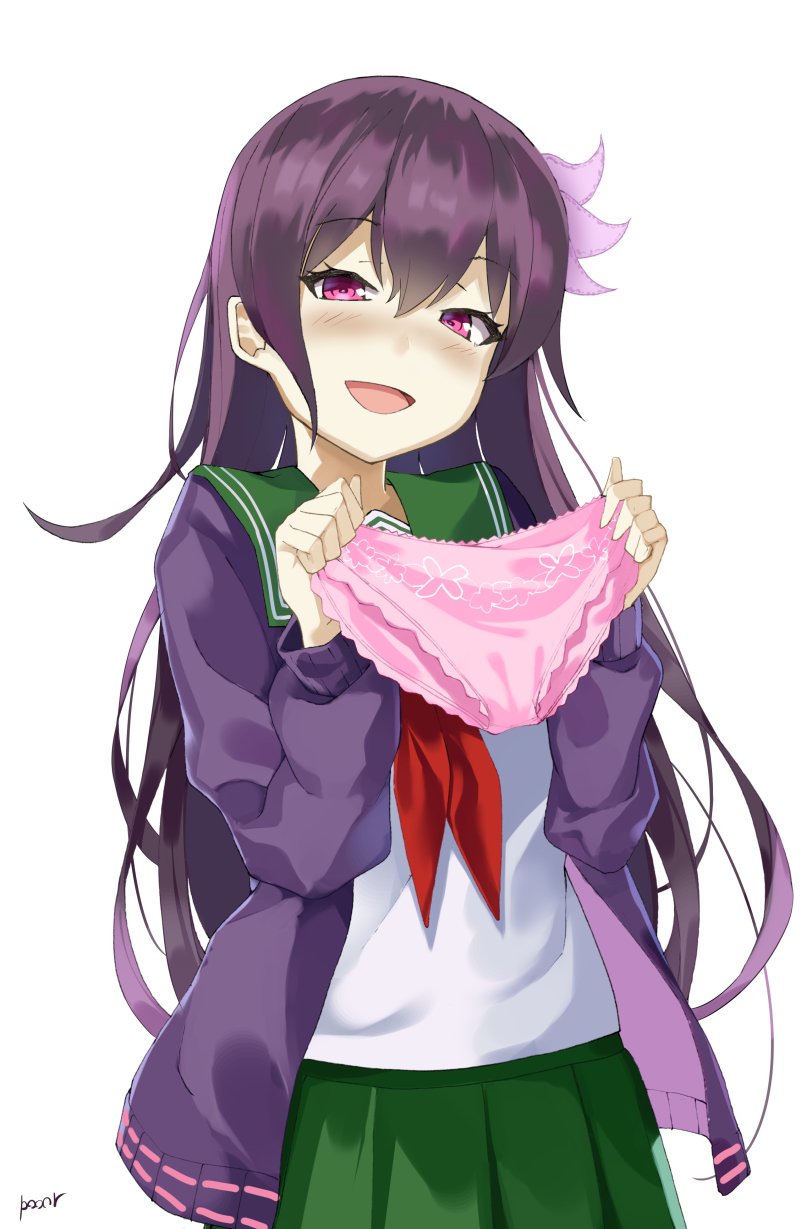 1girl alternate_eye_color alternate_hair_color blush commentary_request crescent crescent_moon_pin eyebrows_visible_through_hair green_sailor_collar green_skirt hair_between_eyes hair_ornament highres holding holding_panties jacket kantai_collection kisaragi_(kantai_collection) long_hair looking_at_viewer neckerchief open_mouth panties pink_panties pleated_skirt pooor_(stillul711) purple_hair purple_jacket red_eyes remodel_(kantai_collection) sailor_collar school_uniform serafuku simple_background skirt smile solo underwear white_background