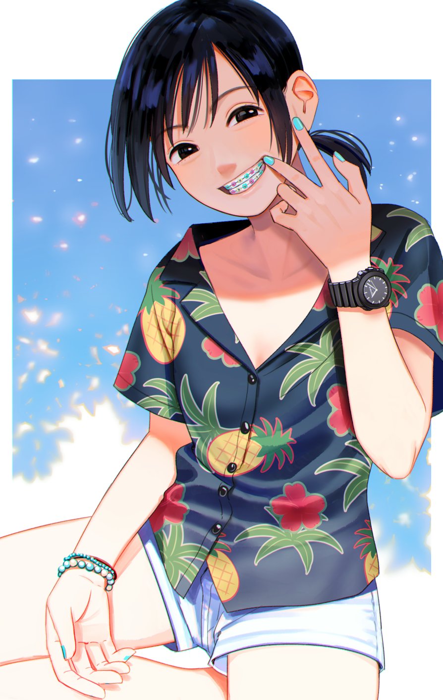 1girl black_hair bracelet braces commentary_request hawaiian_shirt highres jewelry nail_polish nashigaya_koyomi open_mouth original shirt short_ponytail shorts smile solo sunglasses watch watch