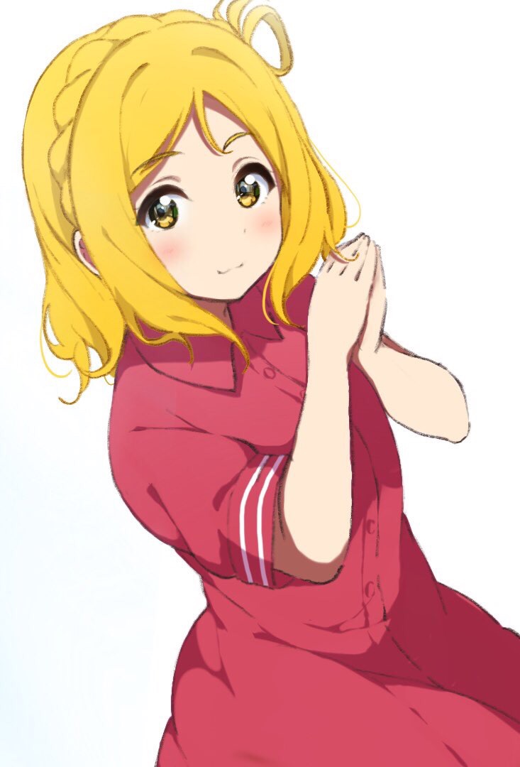 1girl bangs birthday blonde_hair braid crown_braid hair_rings hands_together happy_birthday icehotmilktea looking_at_viewer love_live! love_live!_sunshine!! medium_hair ohara_mari solo yellow_eyes