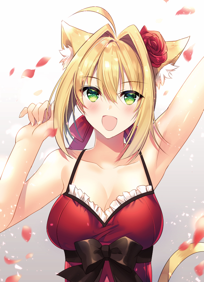 1girl :d ahoge animal_ears arm_above_head armpits arms_up bangs bare_arms bare_shoulders black_ribbon blonde_hair breasts cat_ears cat_tail cleavage collarbone dress eyebrows_visible_through_hair fate/grand_order fate_(series) fingernails flower gradient gradient_background green_eyes hair_between_eyes hair_flower hair_intakes hair_ornament hair_ribbon kurumi_moka light_particles looking_at_viewer medium_breasts nero_claudius_(fate) nero_claudius_(fate)_(all) open_mouth petals red_dress red_flower red_rose ribbon rose rose_petals short_hair simple_background smile solo spaghetti_strap tail upper_body