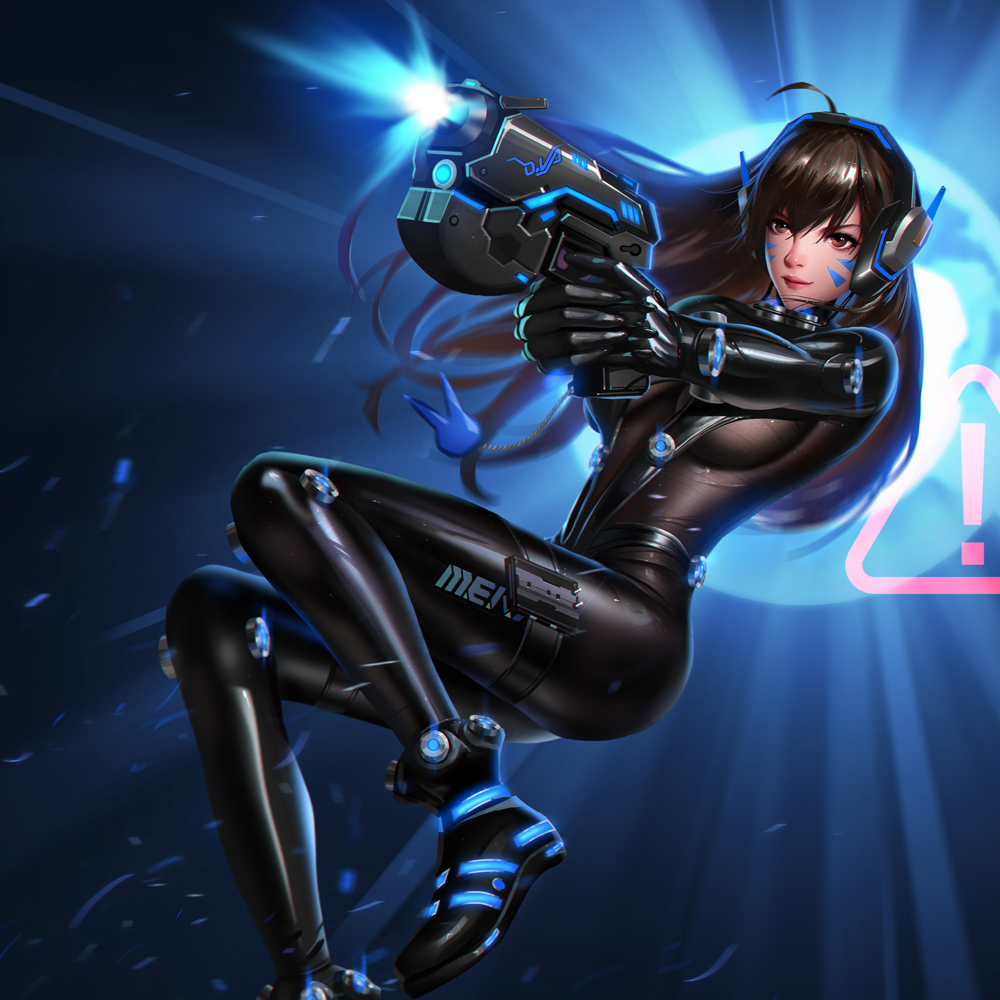 1girl adapted_costume bodysuit breasts brown_eyes brown_hair d.va_(overwatch) earphones gantz gun handgun impossible_bodysuit impossible_clothes liang_xing long_hair medium_breasts overwatch pistol skin_tight tagme weapon