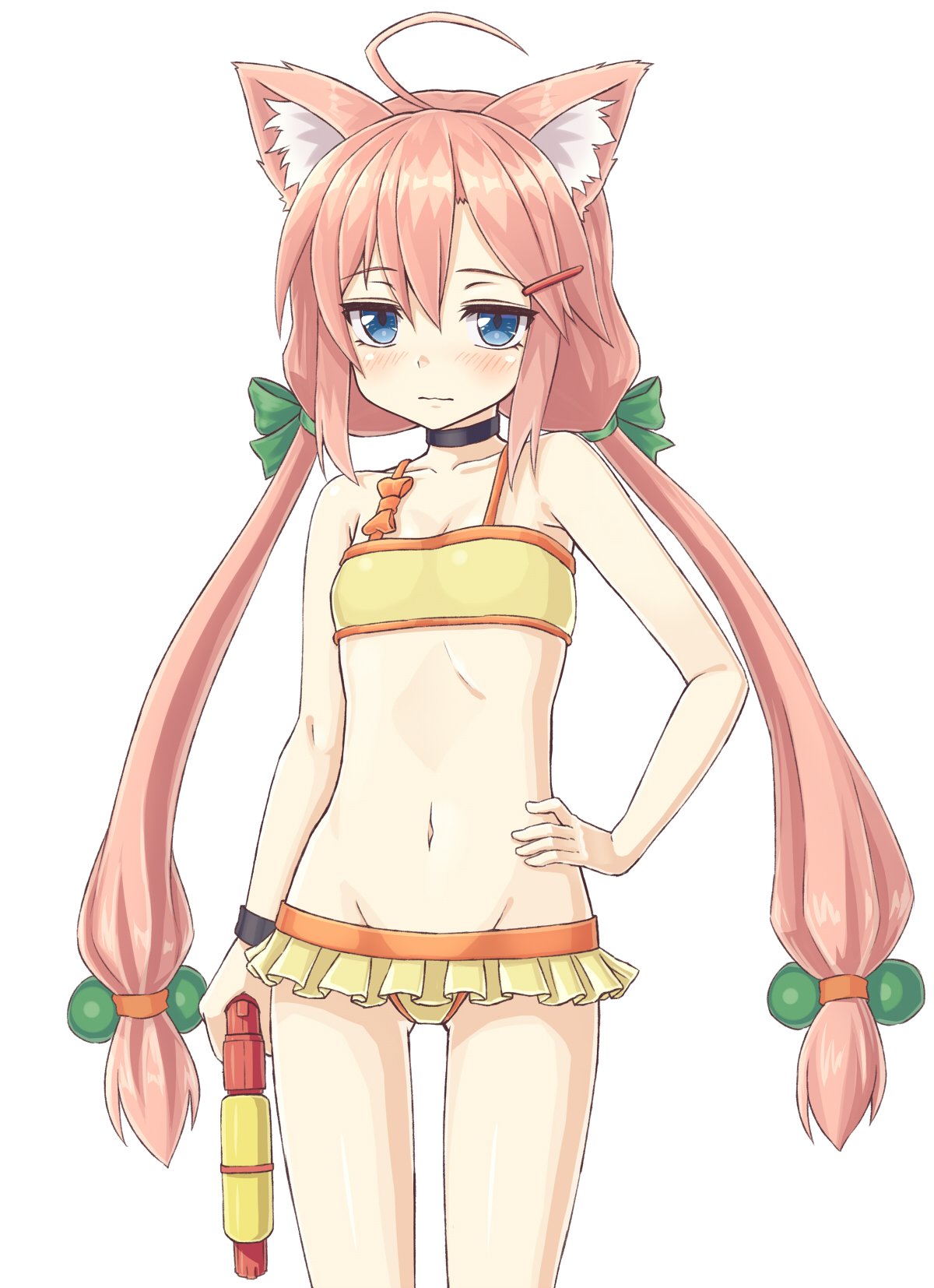 1girl ahoge animal_ears bikini blue_eyes blush cat_ears commentary_request flat_chest groin hair_bobbles hair_ornament hairclip hand_on_hip highres hinata_channel jd_(bibirijd) long_hair low_twintails lowleg lowleg_bikini navel nekomiya_hinata orange_bikini orange_swimsuit ribbon simple_background solo swimsuit twintails virtual_youtuber water_gun white_background