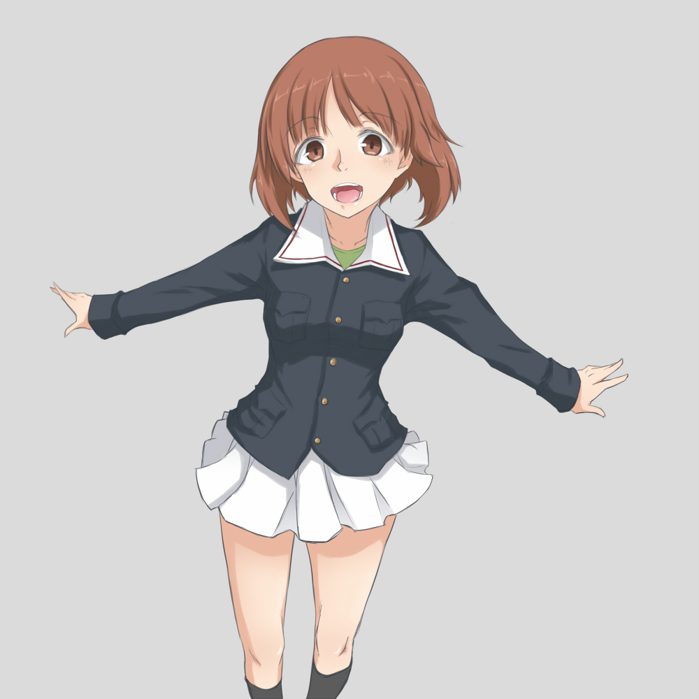 1girl :d black_jacket black_legwear brown_eyes brown_hair collarbone eyebrows_visible_through_hair floating_hair girls_und_panzer grey_background jacket kneehighs miniskirt nishizumi_miho ooarai_military_uniform open_mouth outstretched_arms pleated_skirt riruhasu_(sesu_n) short_hair simple_background sketch skirt smile solo standing uniform white_skirt